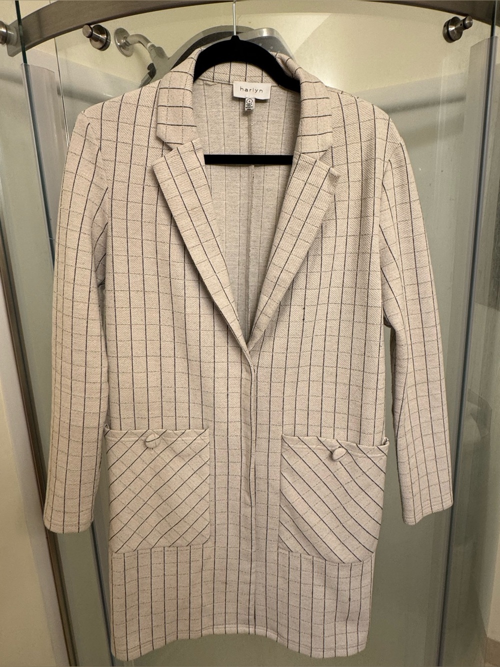 Cream Checked Longline Blazer Jacket